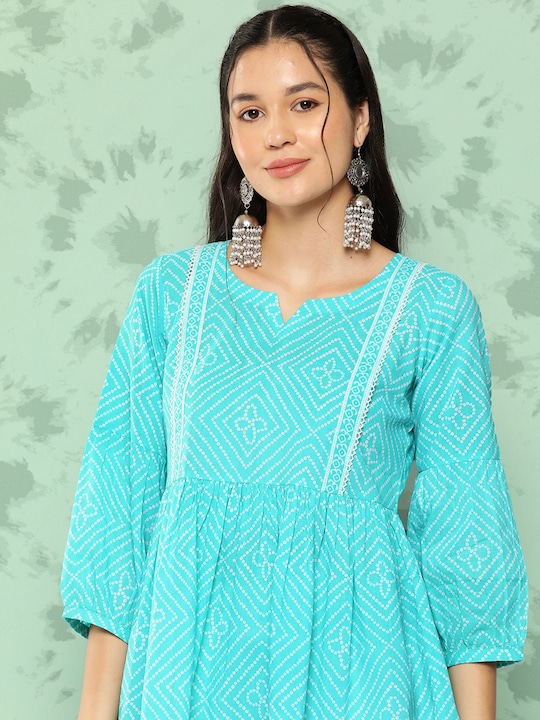 Bandhani Printed Puff Sleeves Pure Cotton Empire Kurti - Flatshop