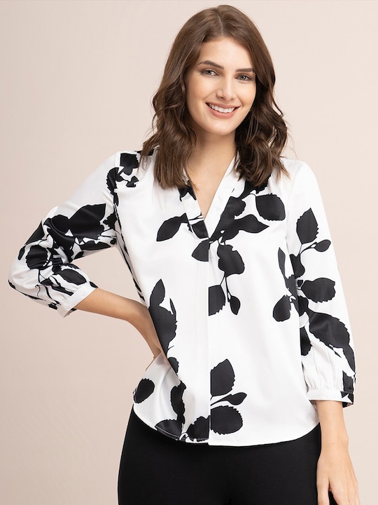 Women White & Black Floral Print Satin Top - Flatshop