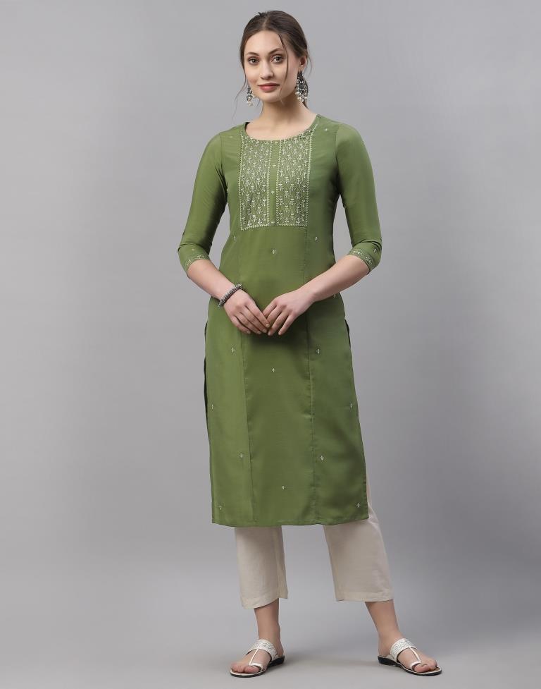 Pista Green Embroidered Kurti - Flatshop