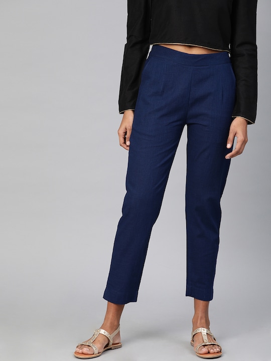 Smarty Pants Navy Cotton Lycra Slim Fit High Rise Trousers