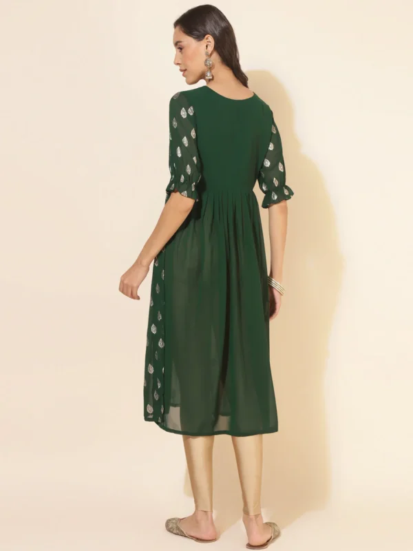 Bottle Green Georgette Foil Printed Gathered Kurta Janasya 1347