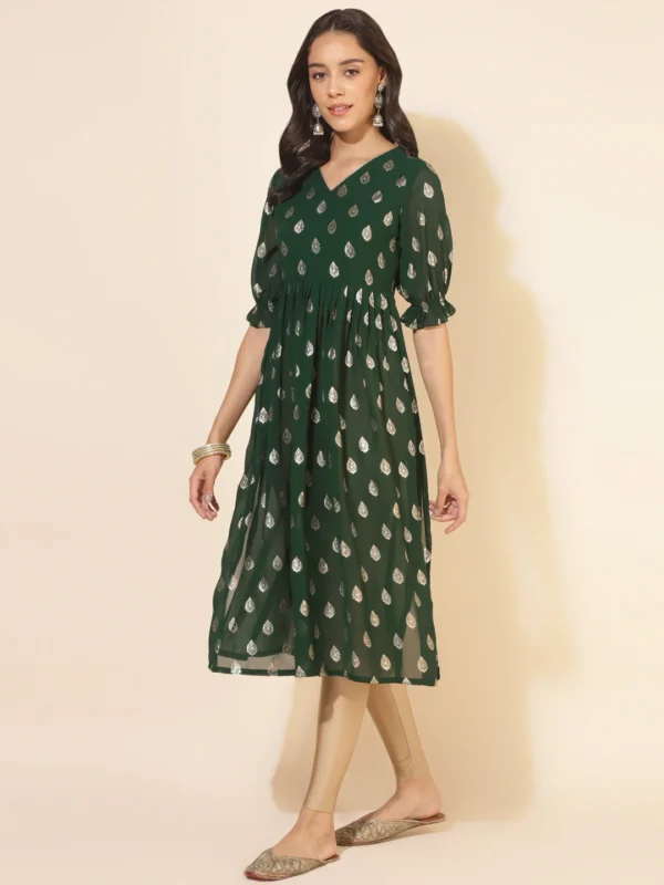 Bottle Green Georgette Foil Printed Gathered Kurta Janasya 2200