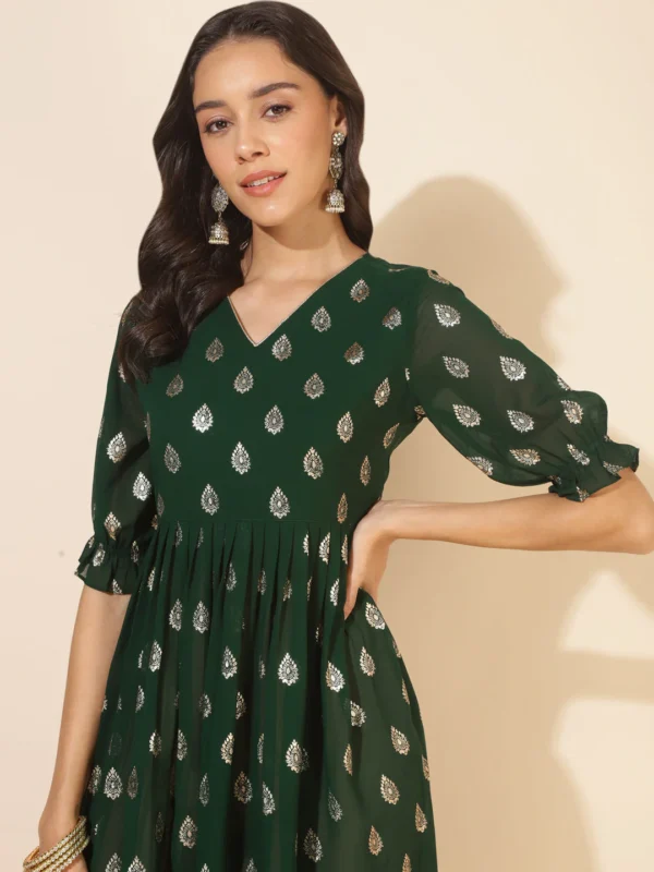 Bottle Green Georgette Foil Printed Gathered Kurta Janasya 894