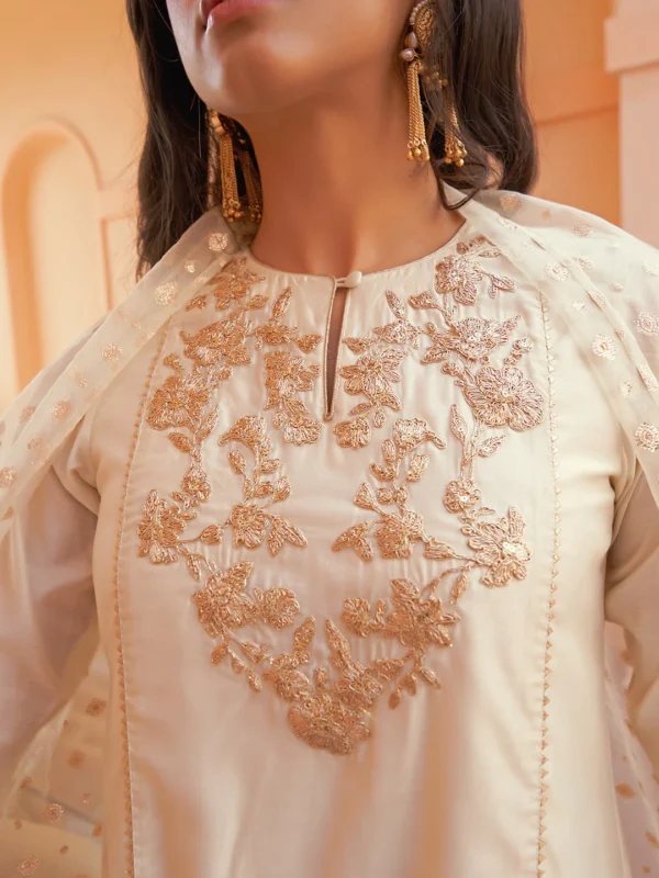 Off White Chanderi Yoke Embroidery Kurta with Palazzo and Dupatta Janasya 1989