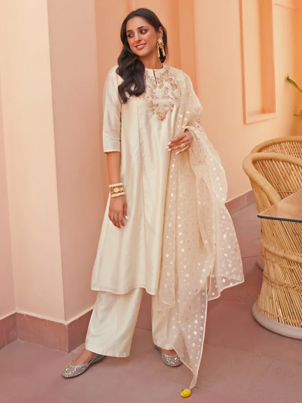 Off White Chanderi Yoke Embroidery Kurta with Palazzo and Dupatta Janasya 6281 1