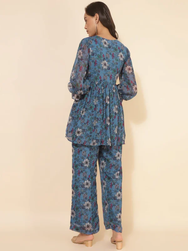 Blue Chiffon Lurex Floral Printed Top with Pant Janasya 1877