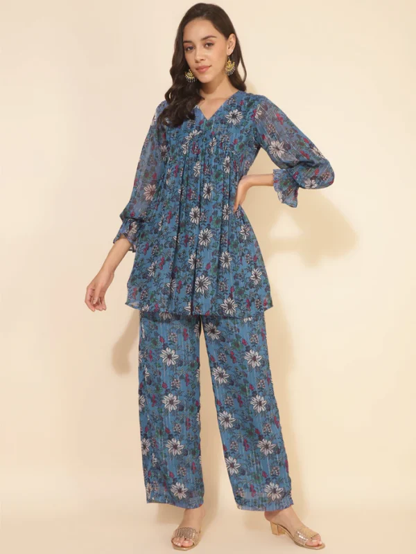 Blue Chiffon Lurex Floral Printed Top with Pant Janasya 5330