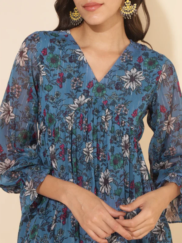 Blue Chiffon Lurex Floral Printed Top with Pant Janasya 6567