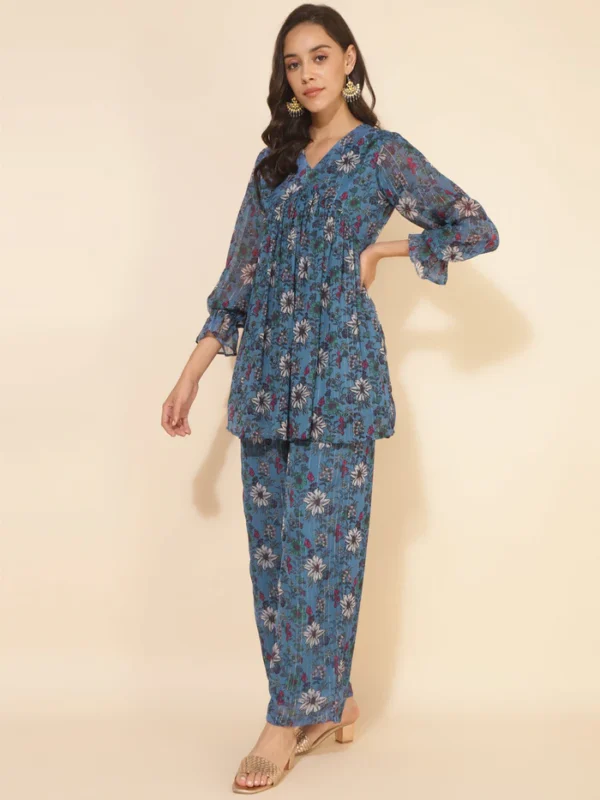 Blue Chiffon Lurex Floral Printed Top with Pant Janasya 8433