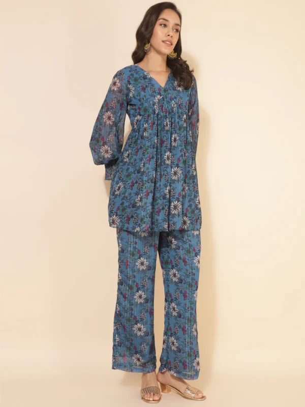 Blue Chiffon Lurex Floral Printed Top with Pant Janasya 851