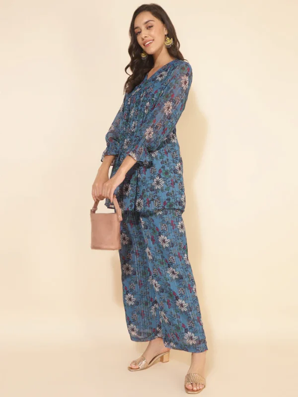 Blue Chiffon Lurex Floral Printed Top with Pant Janasya 9619