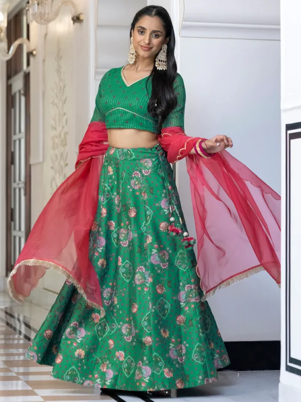 Green Crepe Silk Digital Floral Printed Lehenga Choli With Dupatta Janasya 6572