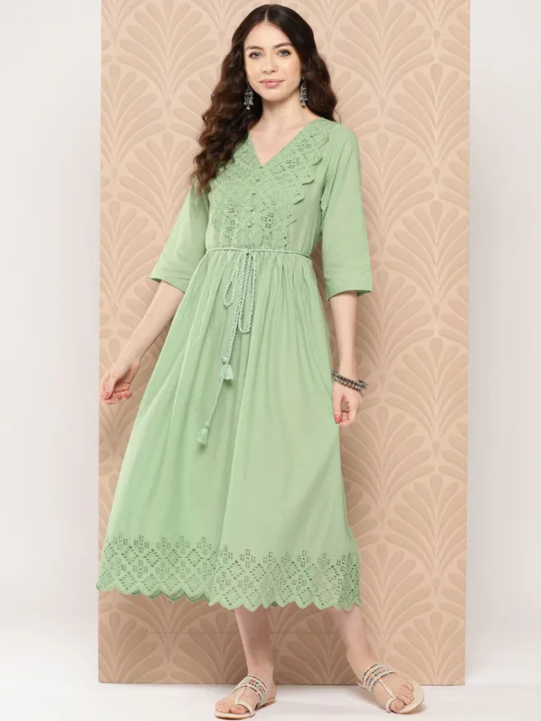 Light Green Cotton Schiffli Flared Dress Janasya 4128 1