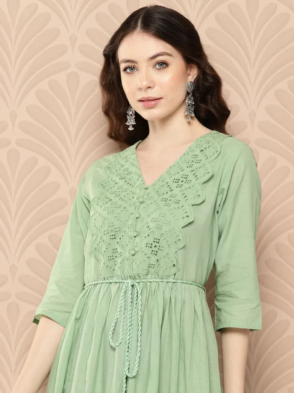 Light Green Cotton Schiffli Flared Dress Janasya 6057 1