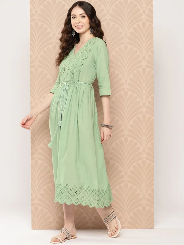 Light Green Cotton Schiffli Flared Dress Janasya 6262 1