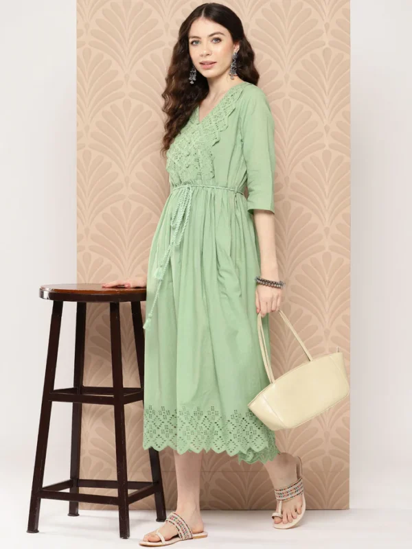 Light Green Cotton Schiffli Flared Dress Janasya 6495 1