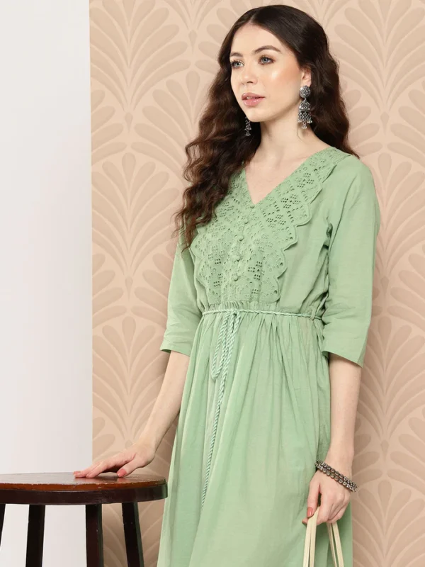 Light Green Cotton Schiffli Flared Dress Janasya 7116 1