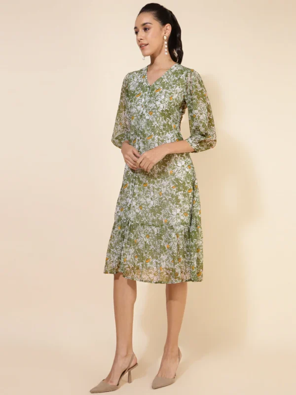 Olive Georgette Floral Printed A Line Dress Janasya 807 Copy 1