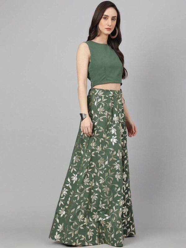 Olive Green Crepe Solid Lehenga Choli With Pant Janasya 1769