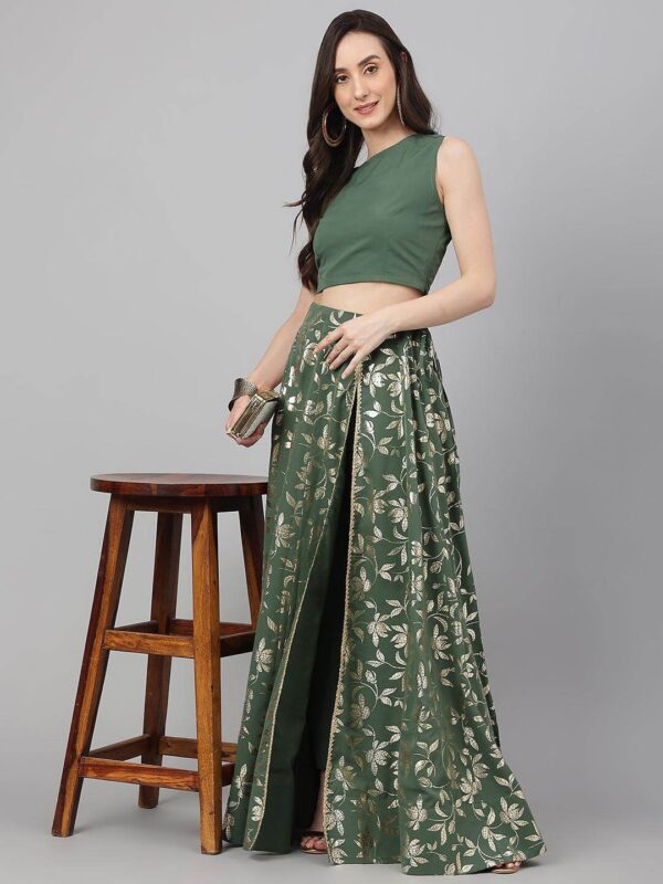 Olive Green Crepe Solid Lehenga Choli With Pant Janasya 212