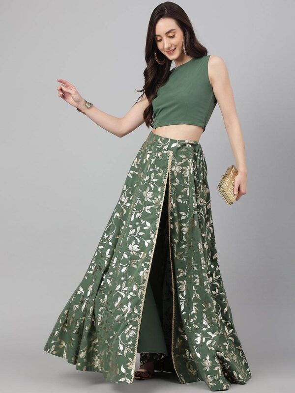 Olive Green Crepe Solid Lehenga Choli With Pant Janasya 2554 Copy