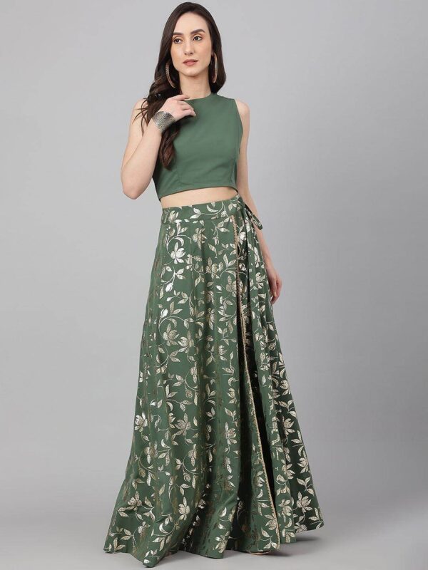 Olive Green Crepe Solid Lehenga Choli With Pant Janasya 2842 Copy