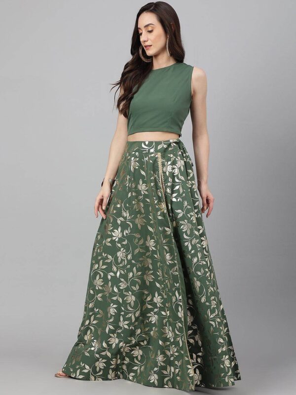 Olive Green Crepe Solid Lehenga Choli With Pant Janasya 716