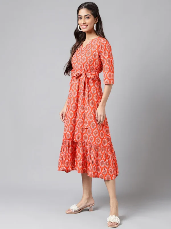 Orange Cotton Ethnic Motifs Printed Ruffled Dress Janasya 2112 Copy