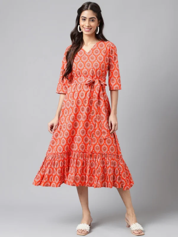 Orange Cotton Ethnic Motifs Printed Ruffled Dress Janasya 220 Copy