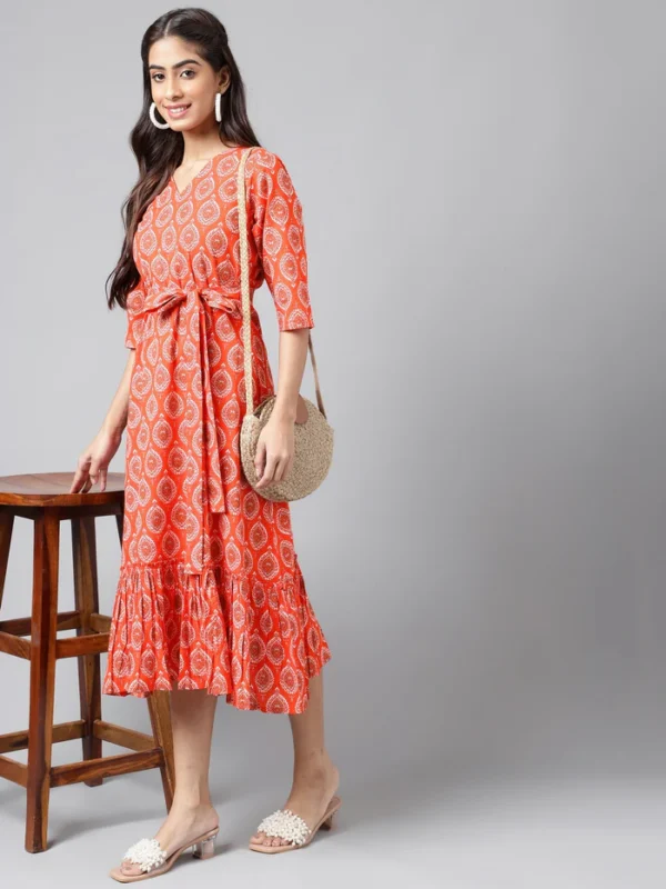 Orange Cotton Ethnic Motifs Printed Ruffled Dress Janasya 2683 Copy 1