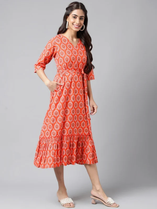 Orange Cotton Ethnic Motifs Printed Ruffled Dress Janasya 379 Copy